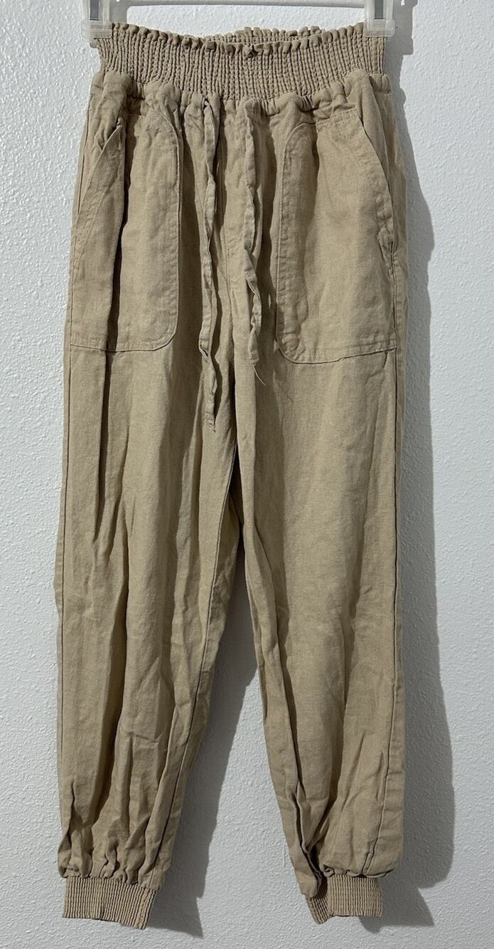 Love Tree Womens Small Beige 55% Linen Elastic Pockets Lightweight Joggers